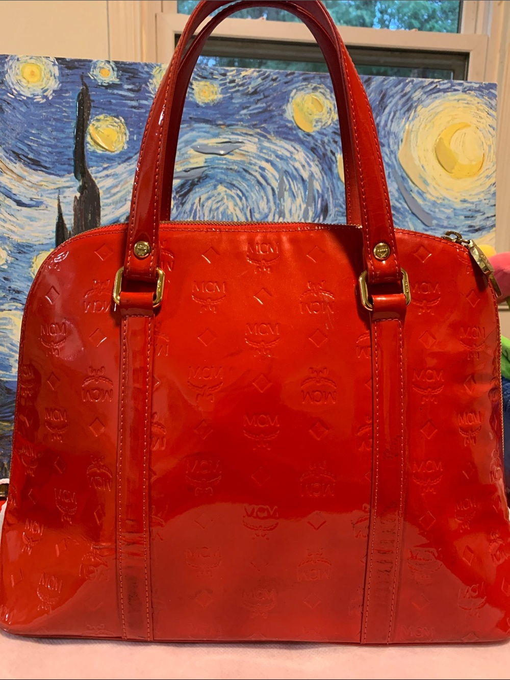 MCM Red Patent Leather Dome Tote with Gold Plaque Accent - Picture 2 of 12